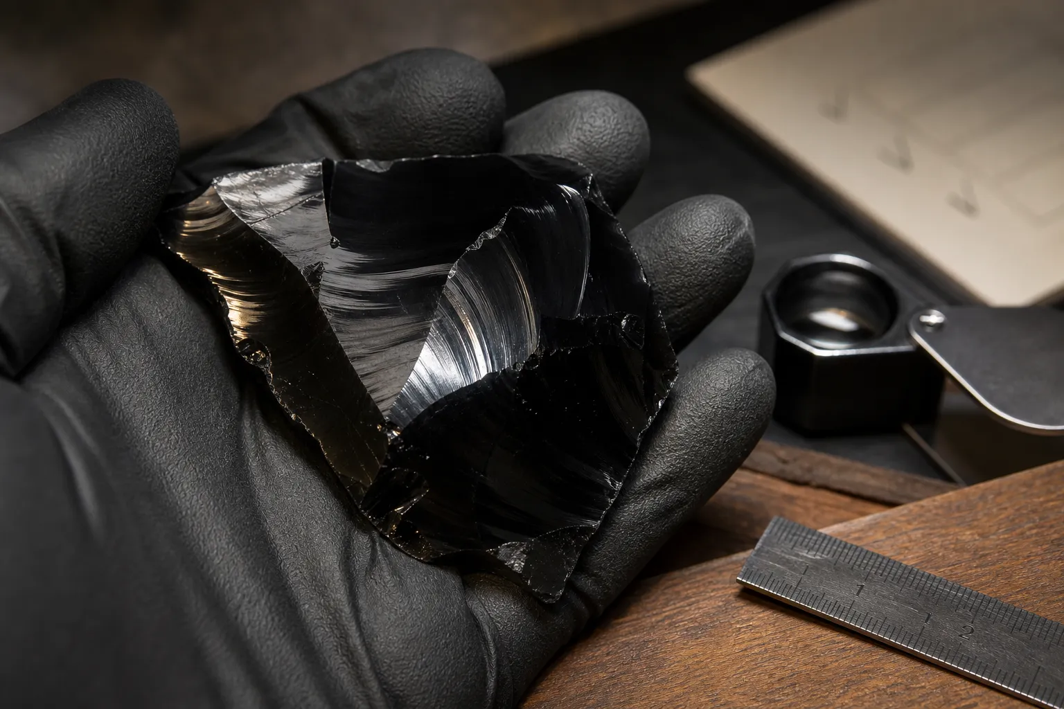 Close inspection of obsidian polish, edge condition, and sheen angles