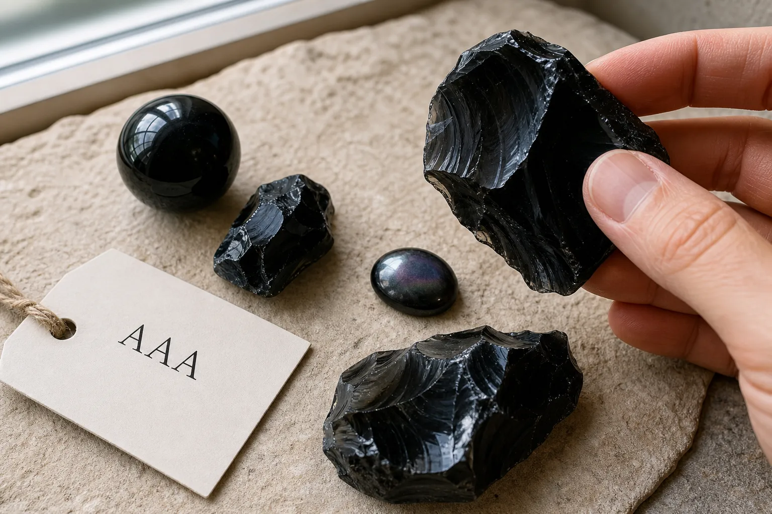 Polished obsidian pieces beside a seller quality label for inspection