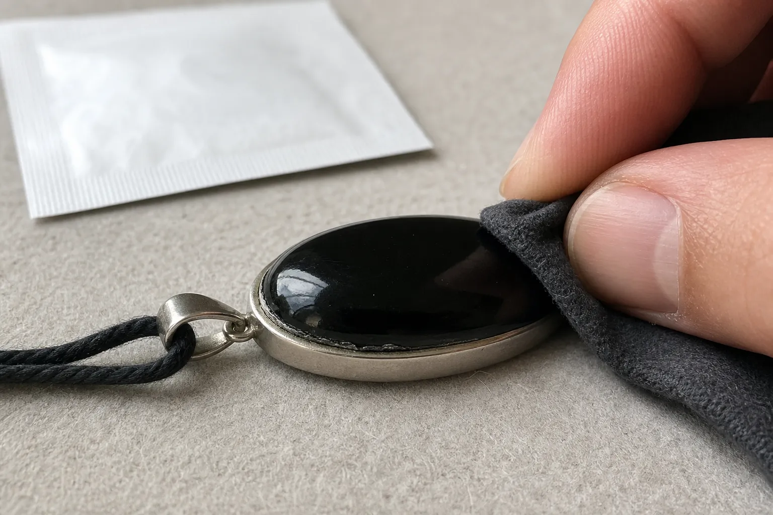 Obsidian pendant with a glued setting being cleaned carefully around seams with a soft cloth