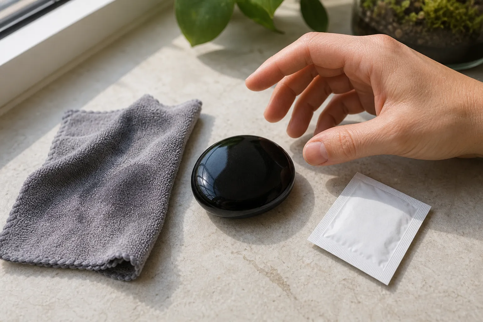 Polished black obsidian beside a damp cloth and an alcohol wipe, showing why the whole object should be checked before cleaning