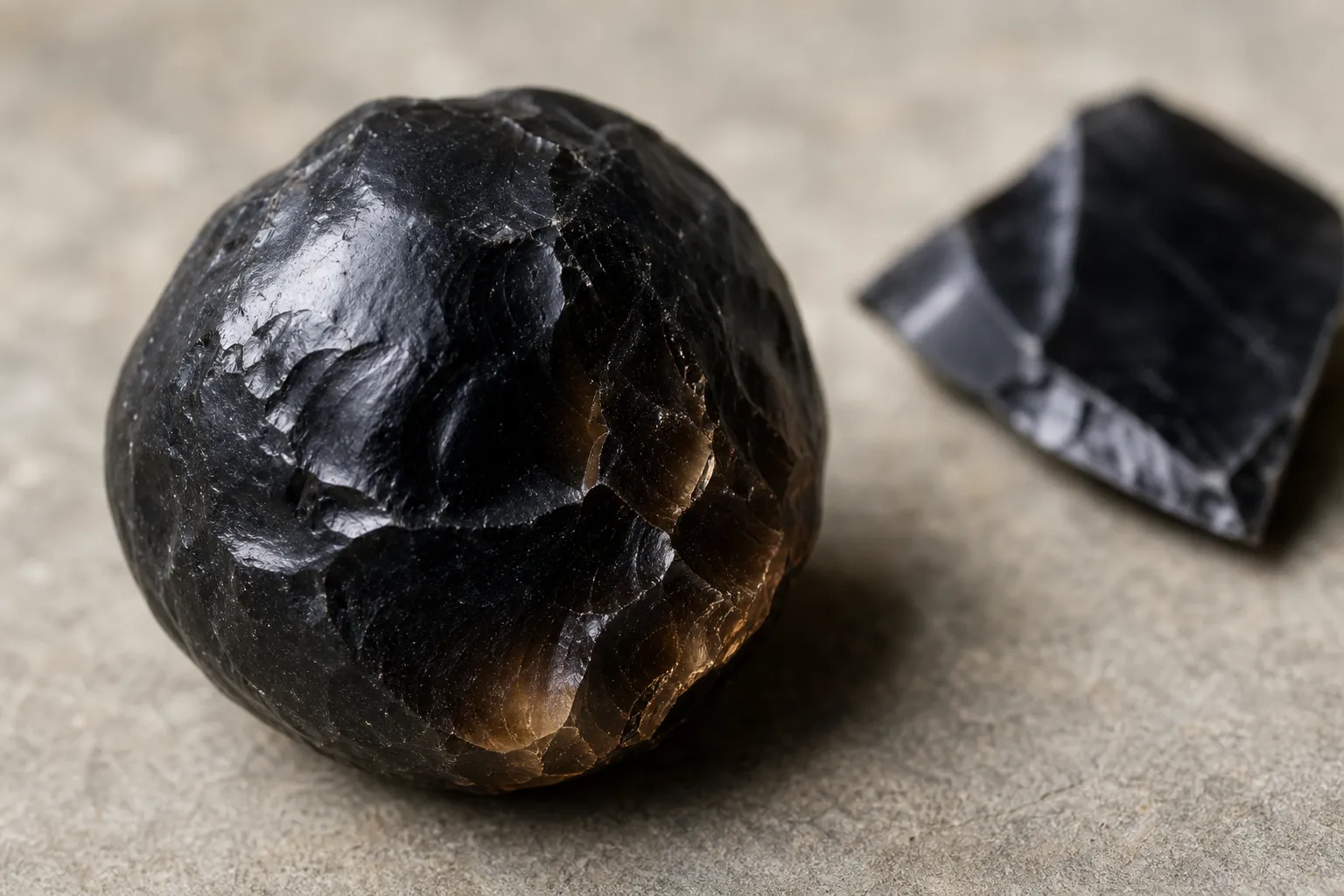 Small rounded Apache tear obsidian nodule with a dark body and smoky edge