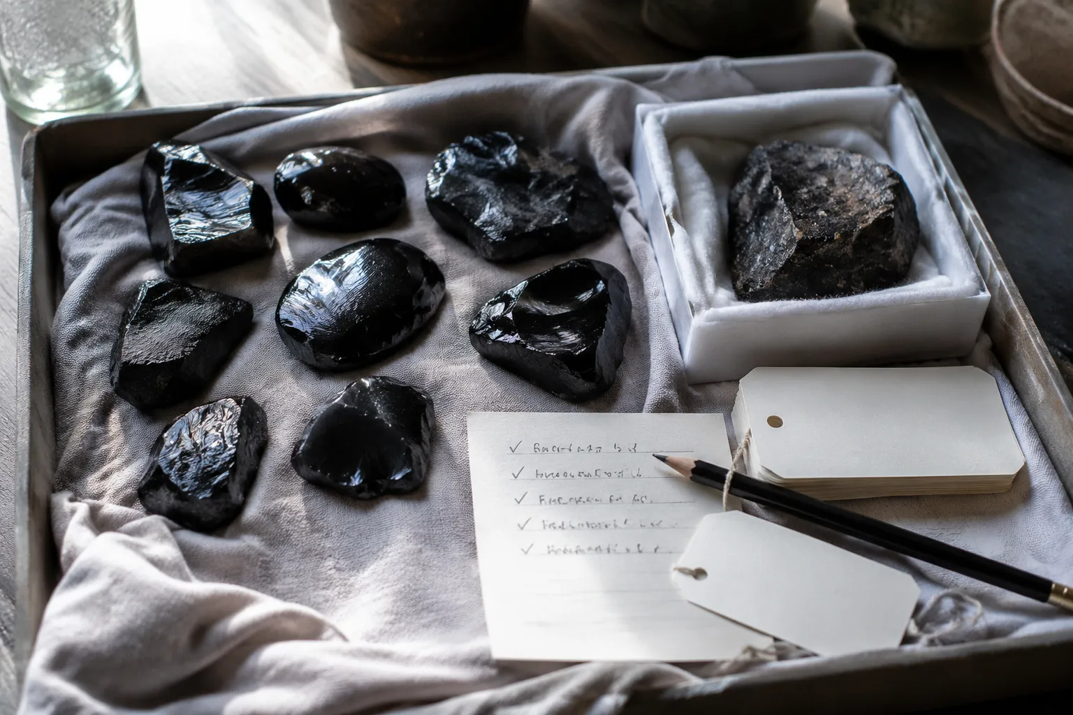 Obsidian pieces separated with soft cloth, labels, and a divided storage setup for beginner handling and notes