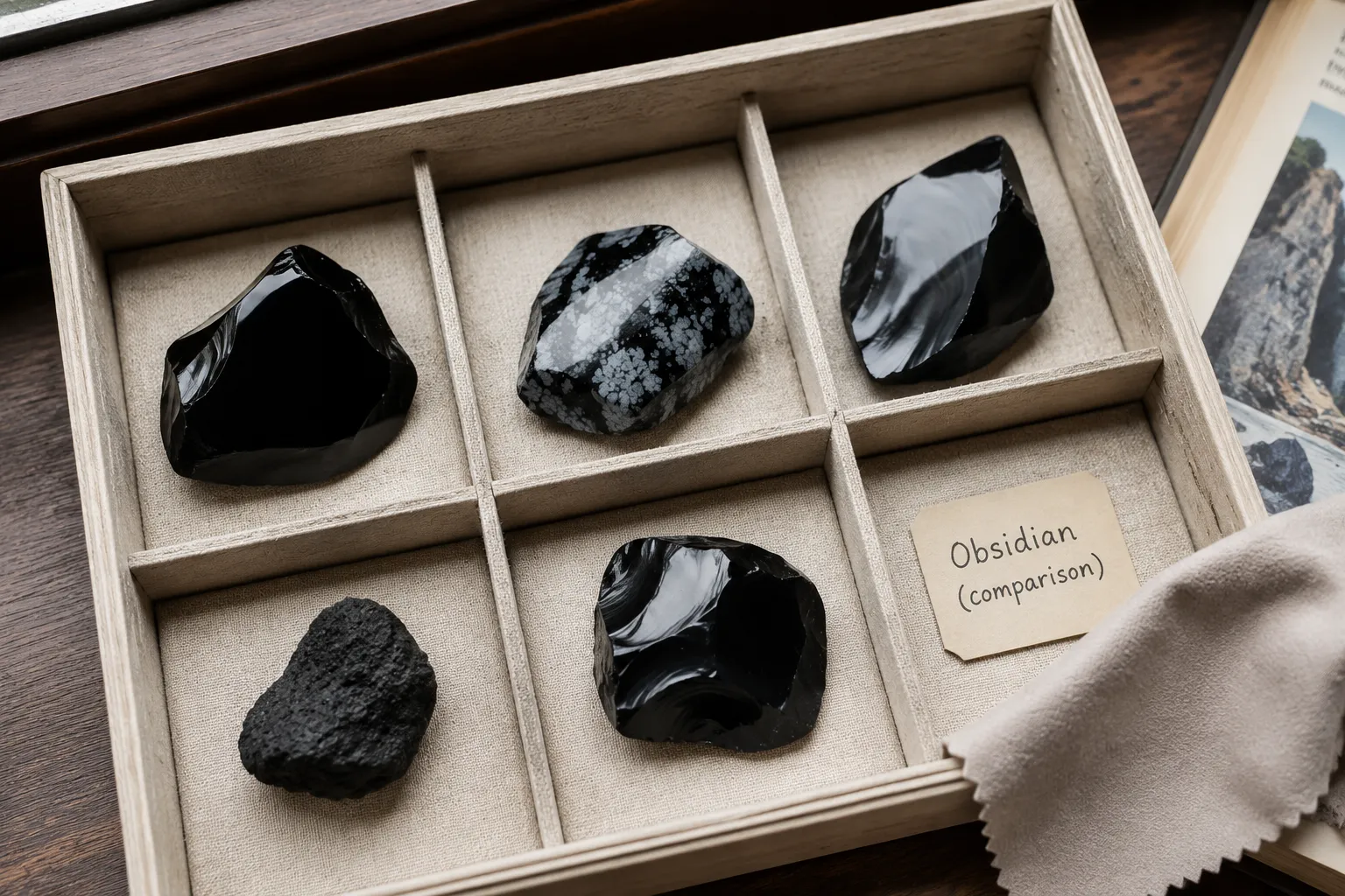 A small beginner obsidian collection with plain black, patterned, sheen, rough, and labeled comparison pieces separated in a tray