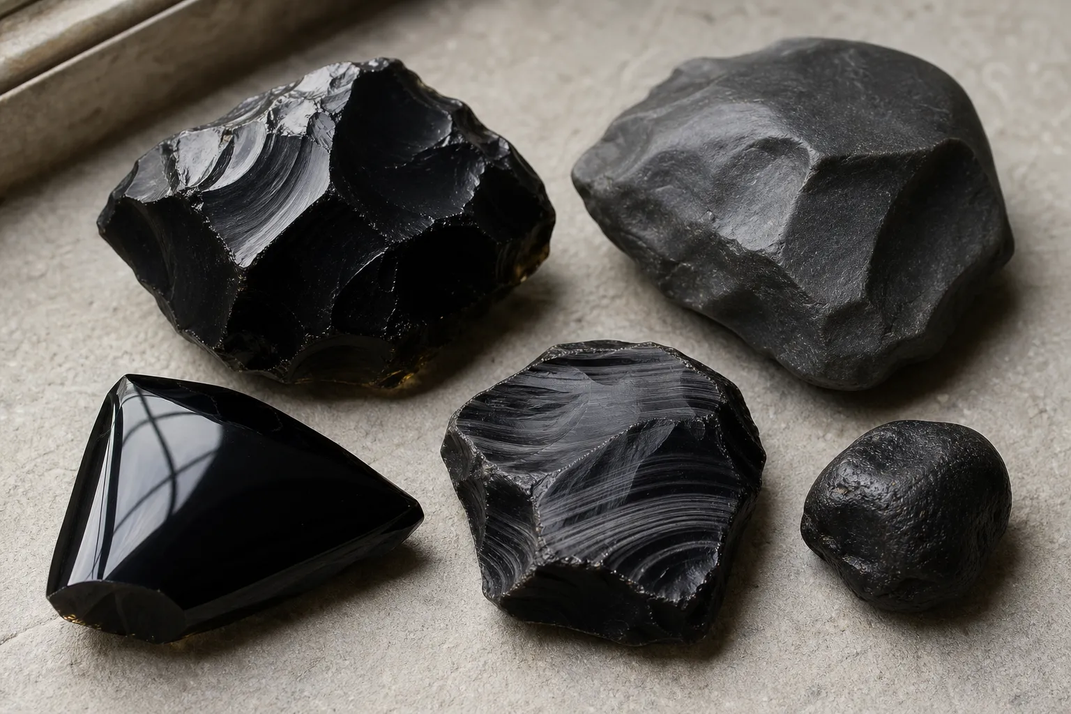 Dark obsidian pieces arranged to compare body color, edge translucency, polish, banding, and rounded form