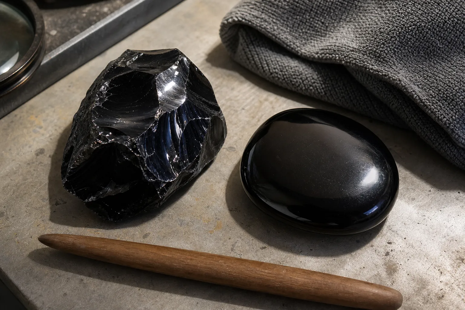 Raw and polished black obsidian pieces showing sharp fracture surfaces, smooth reflective faces, and different handling needs