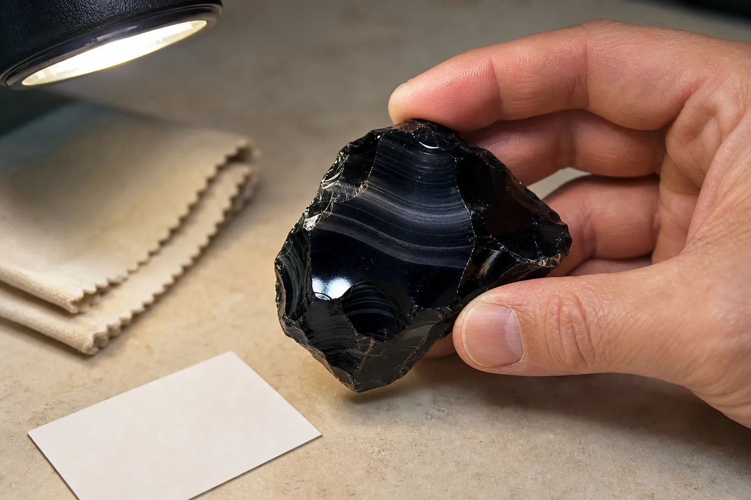 Polished black obsidian being inspected under steady light to distinguish fixed gray bands from reflections or scratches