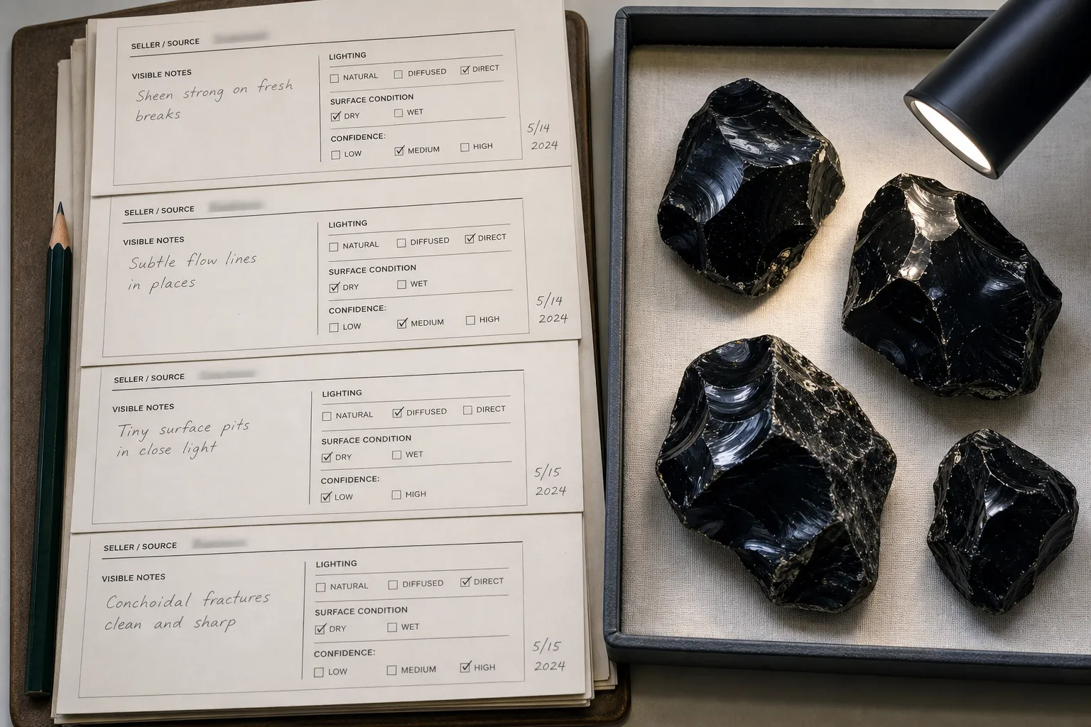 Obsidian specimen labels separating seller name, visible notes, lighting notes, and confidence level