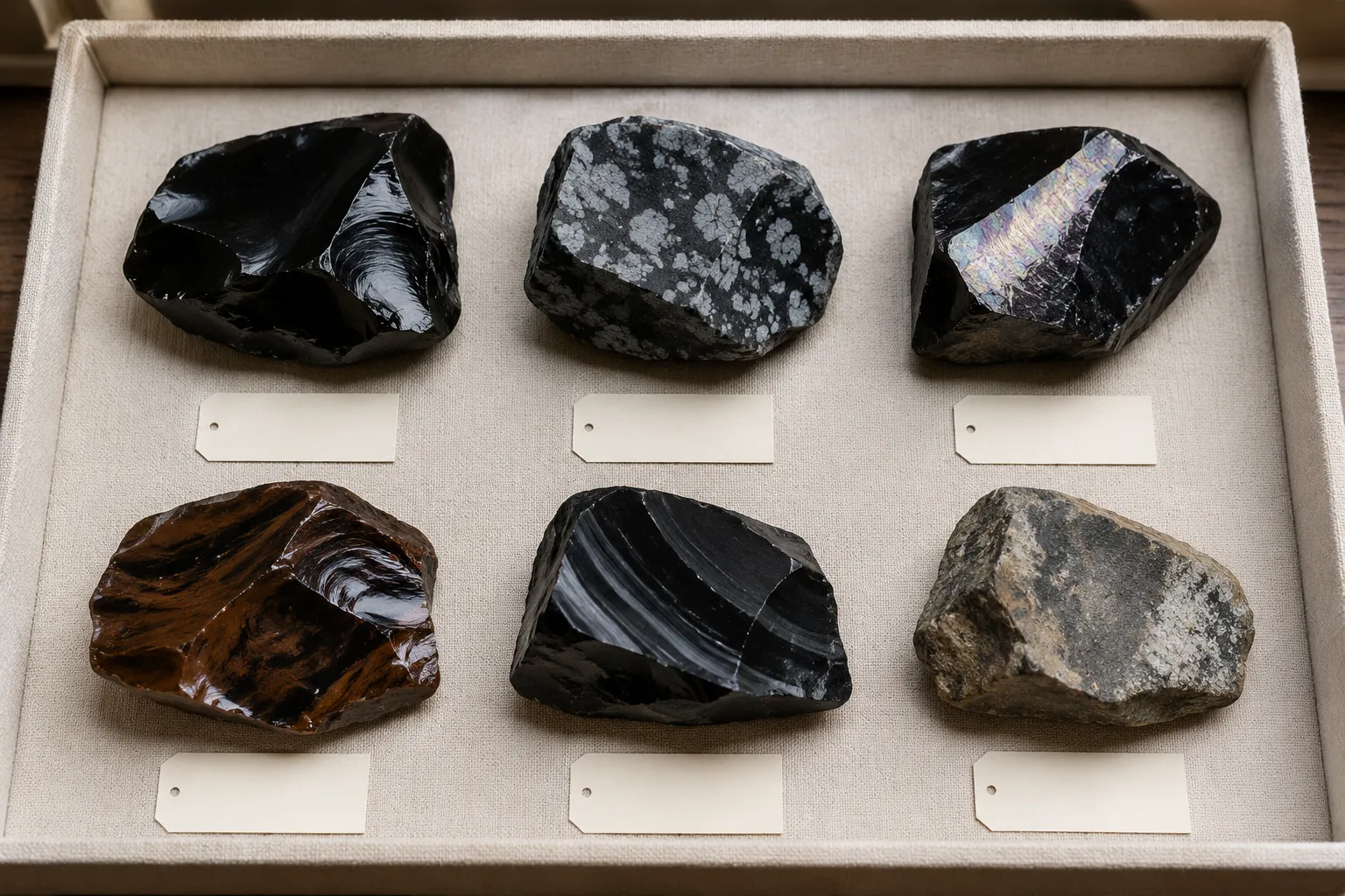 Obsidian variety tray with dark, snowflake, sheen, mahogany, banded, and uncertain comparison pieces