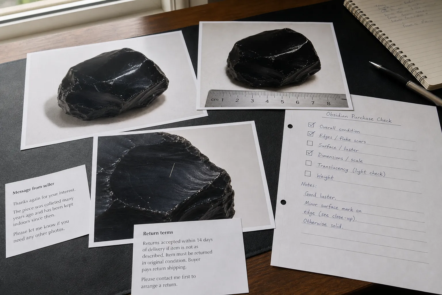 Online obsidian purchase checklist comparing scale, lighting, edges, surface marks, seller disclosure, and return terms