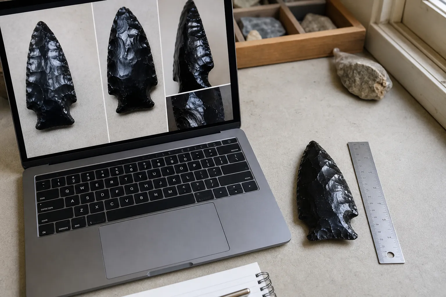 Obsidian listing views showing front, back, side, close-up surface detail, and scale reference