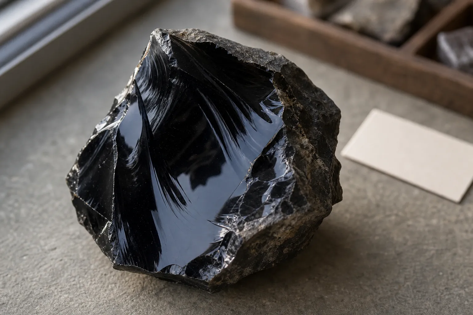 A piece of obsidian showing a glassy dark surface and fractured volcanic texture