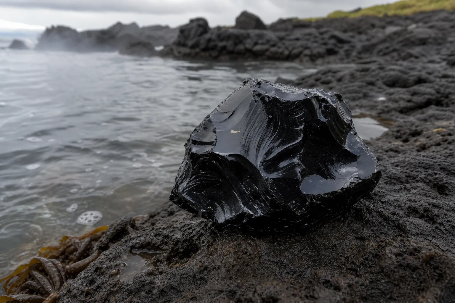 Glassy black obsidian beside a cooled lava and water contact setting