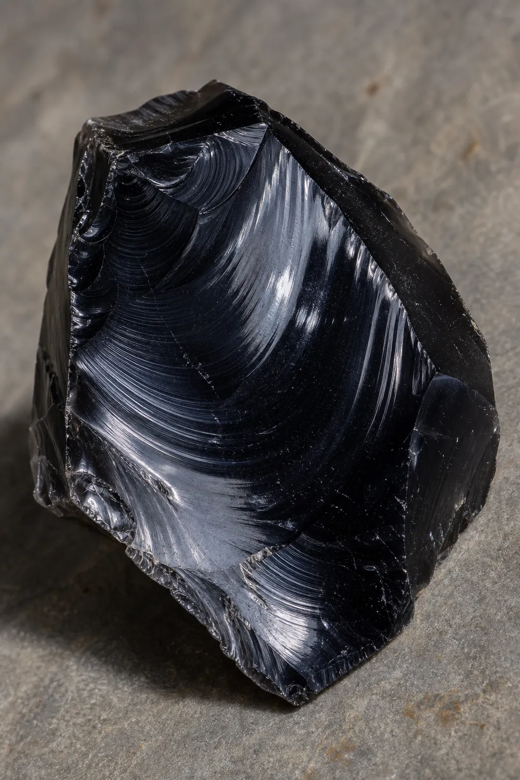 Broken obsidian showing glassy luster and curved conchoidal fracture