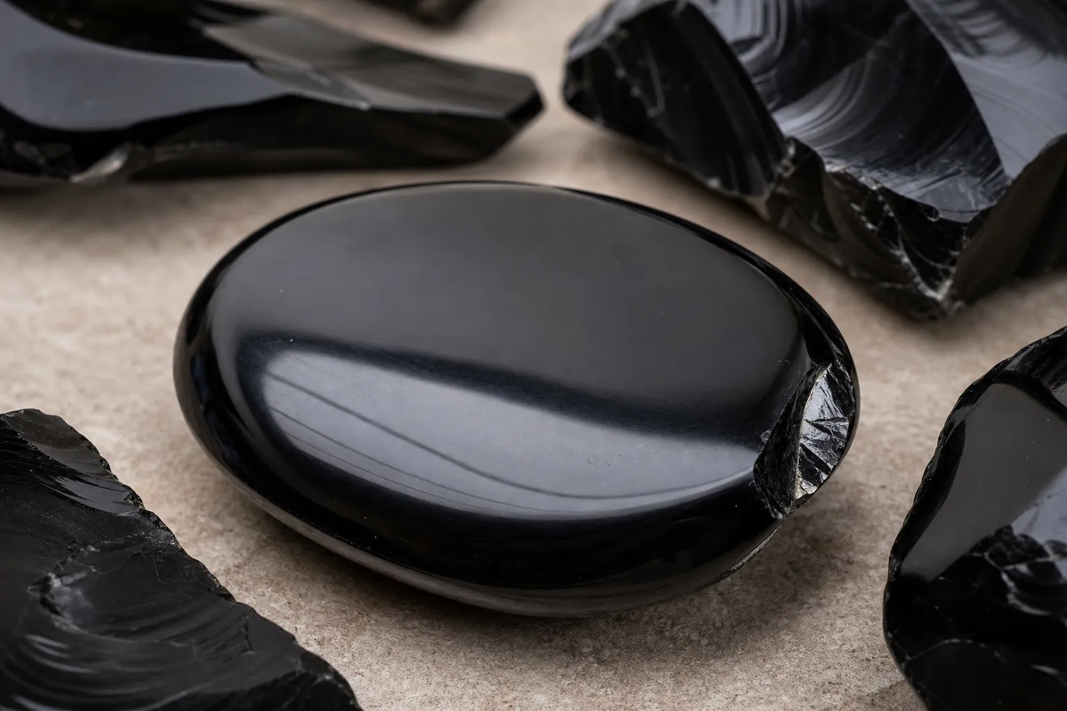 Polished obsidian pieces with a glossy face and a small sharp chip along one edge
