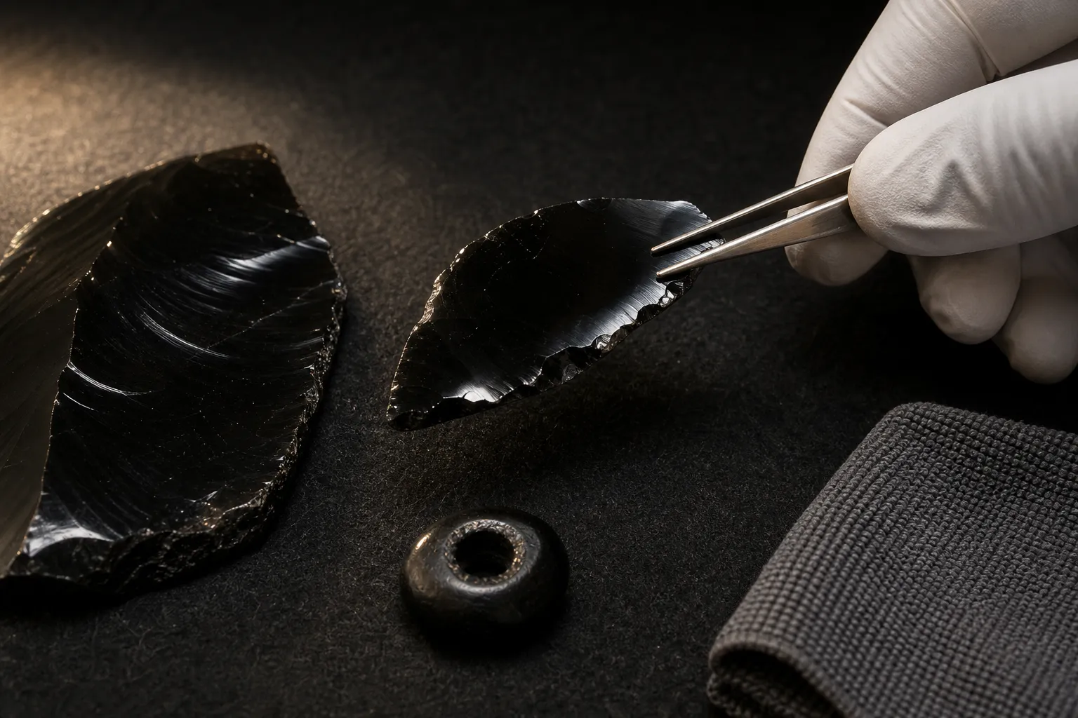 Polished obsidian inspected under angled light to reveal chips, thin rims, and sharp transitions