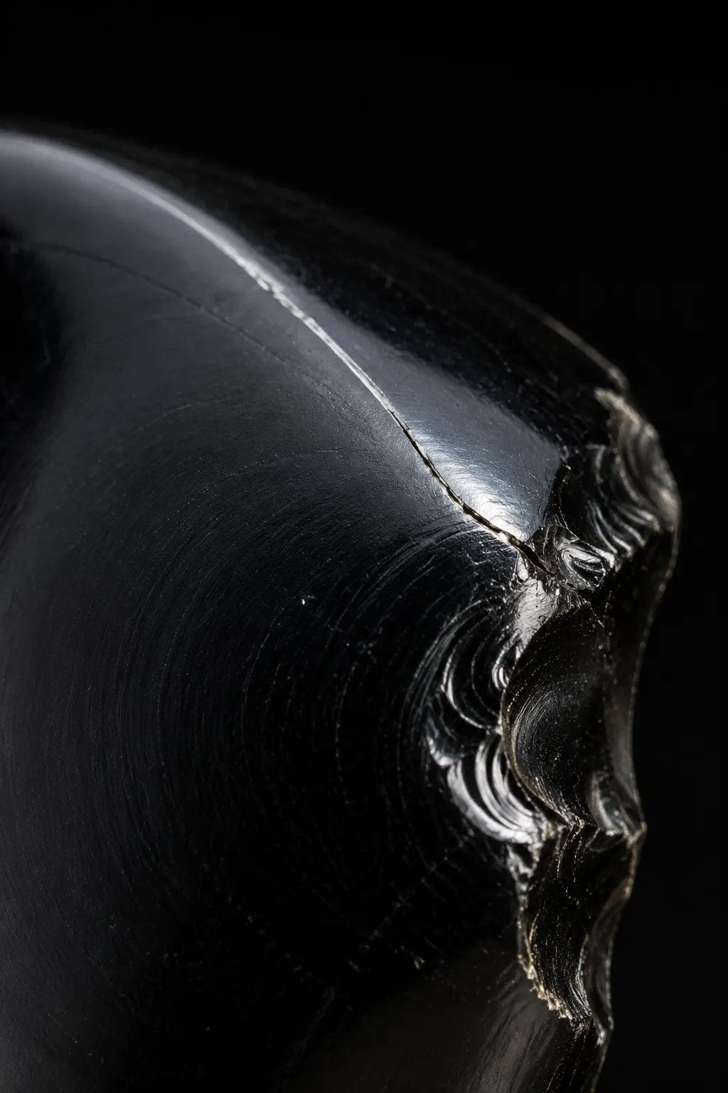 Close view of obsidian showing a crack path near an edge and a polished surface