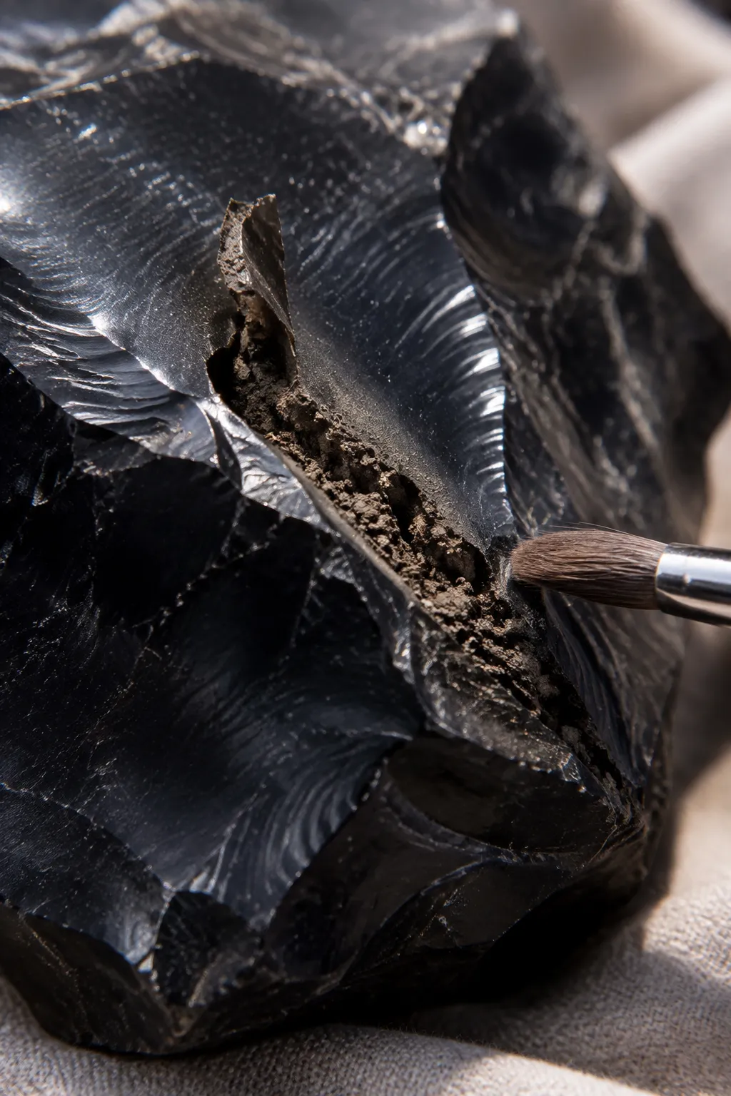 Soft brush near dirt-filled cracks and thin flakes on a raw obsidian specimen