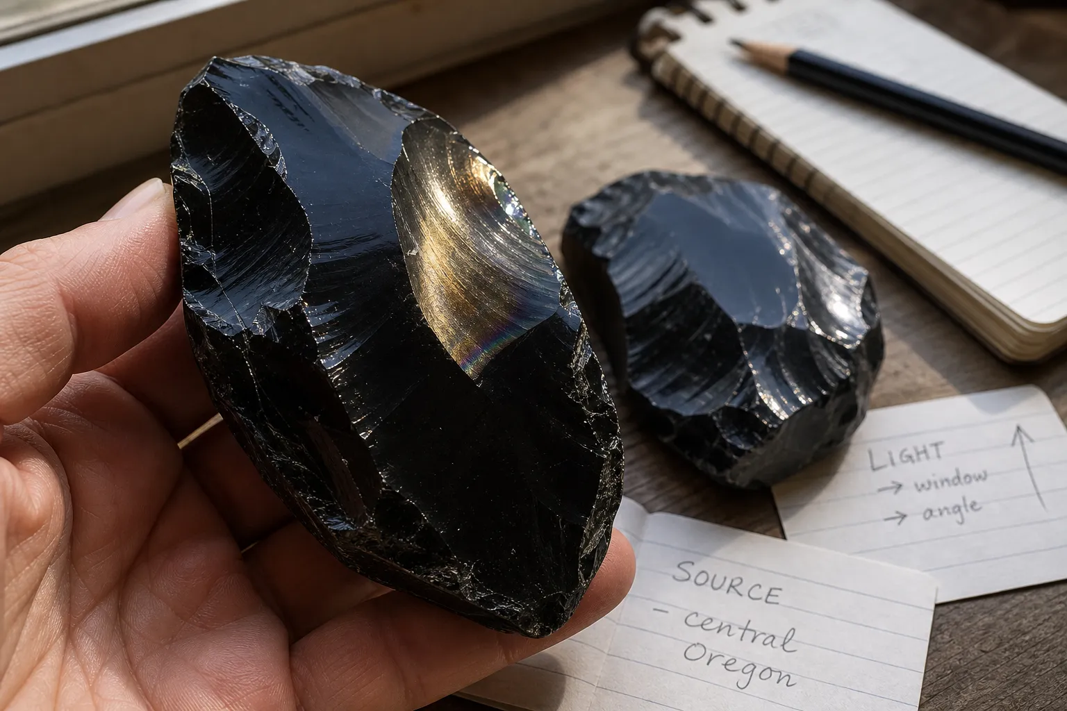 Polished obsidian showing angled sheen beside notes for lighting direction and claimed locality