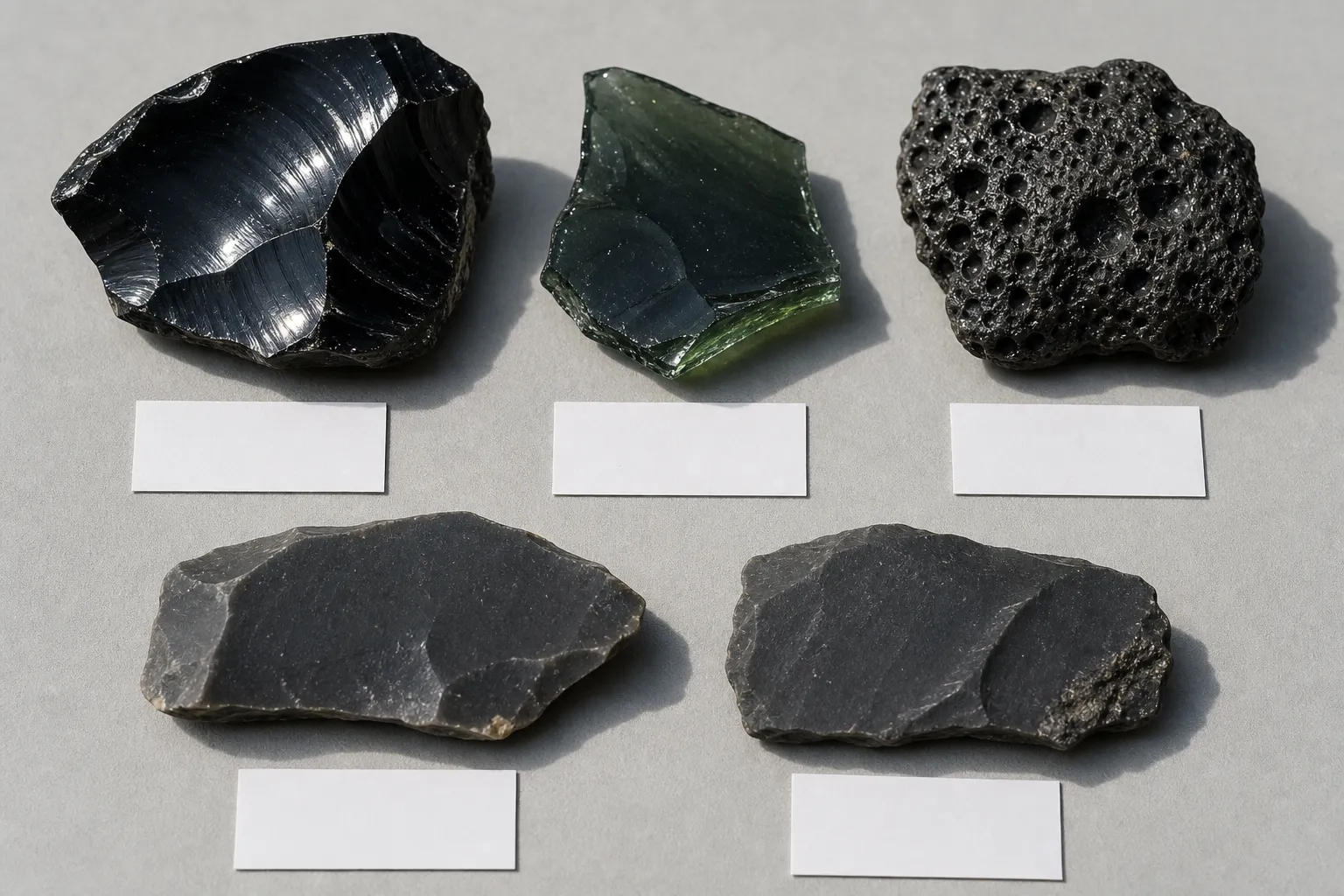 Sharp black glassy specimens arranged to compare obsidian with common lookalikes