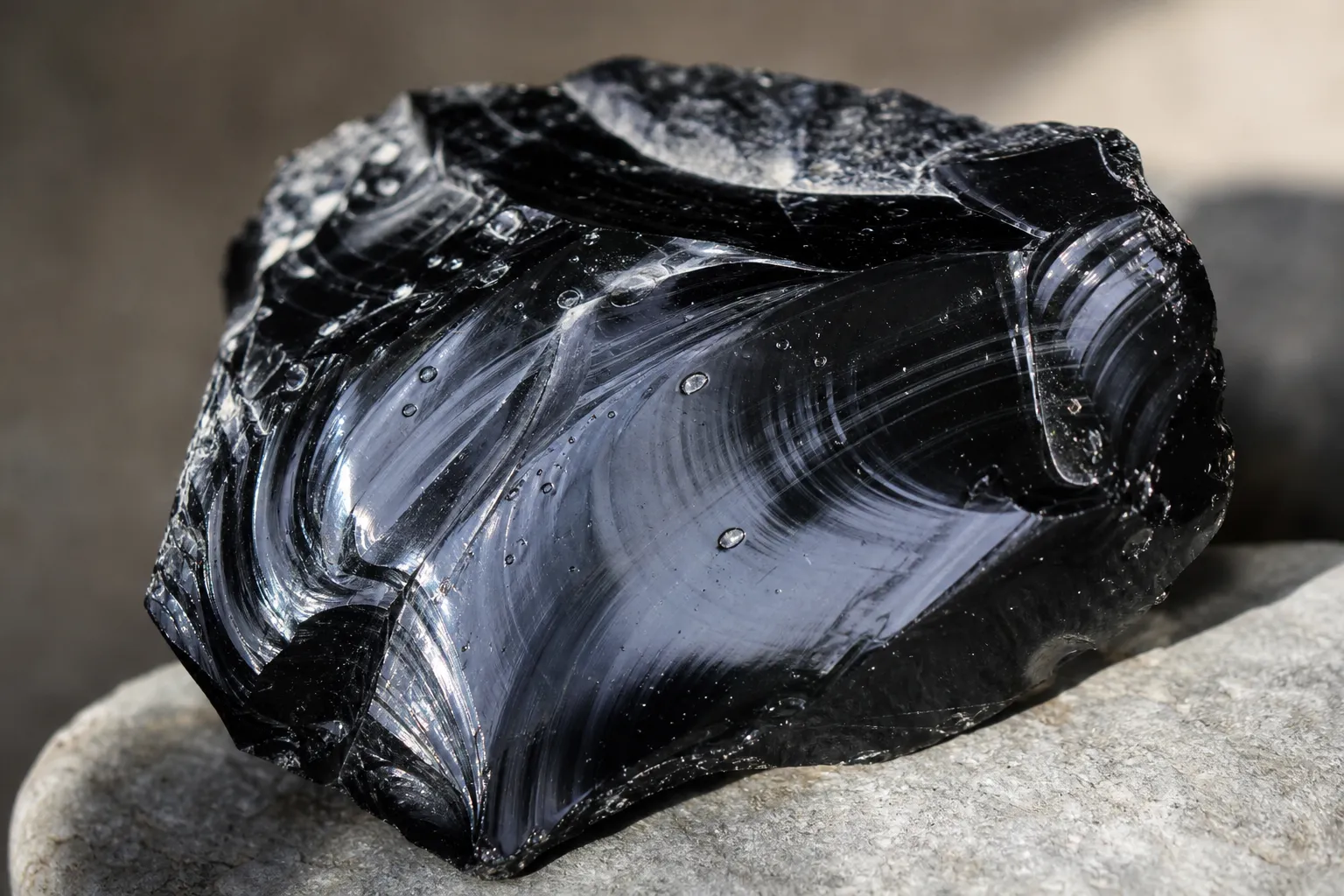 Close view of glassy obsidian with curved fracture surfaces, flow lines, and small internal features
