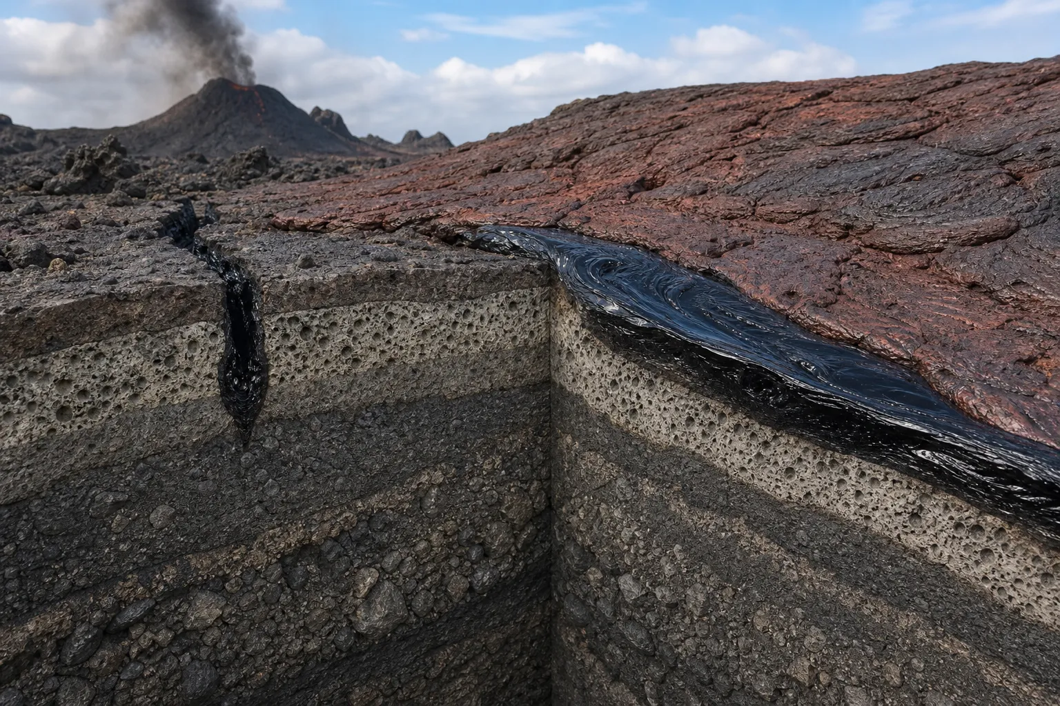 Obsidian shown in a near-surface volcanic setting where rapidly chilled melt becomes glass