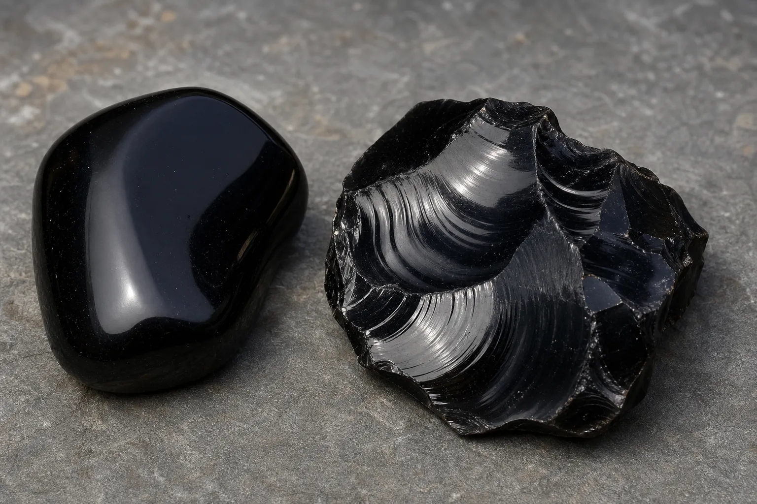 Polished and broken obsidian showing a glassy body rather than visible crystal faces