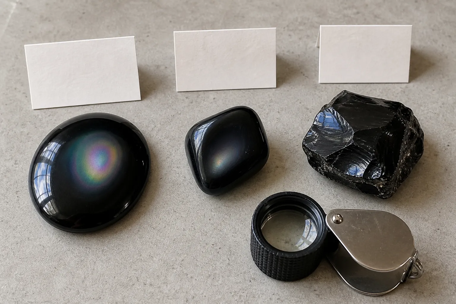 Obsidian pieces compared by polish condition and visible sheen placement