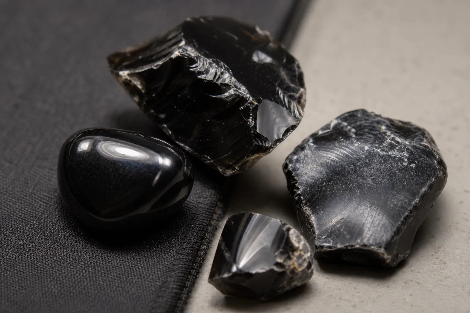 Close view of polished and rough obsidian edges for checking chips and surface condition