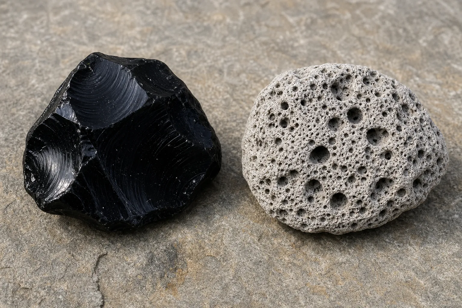 Dense obsidian compared with frothy pumice-like volcanic glass