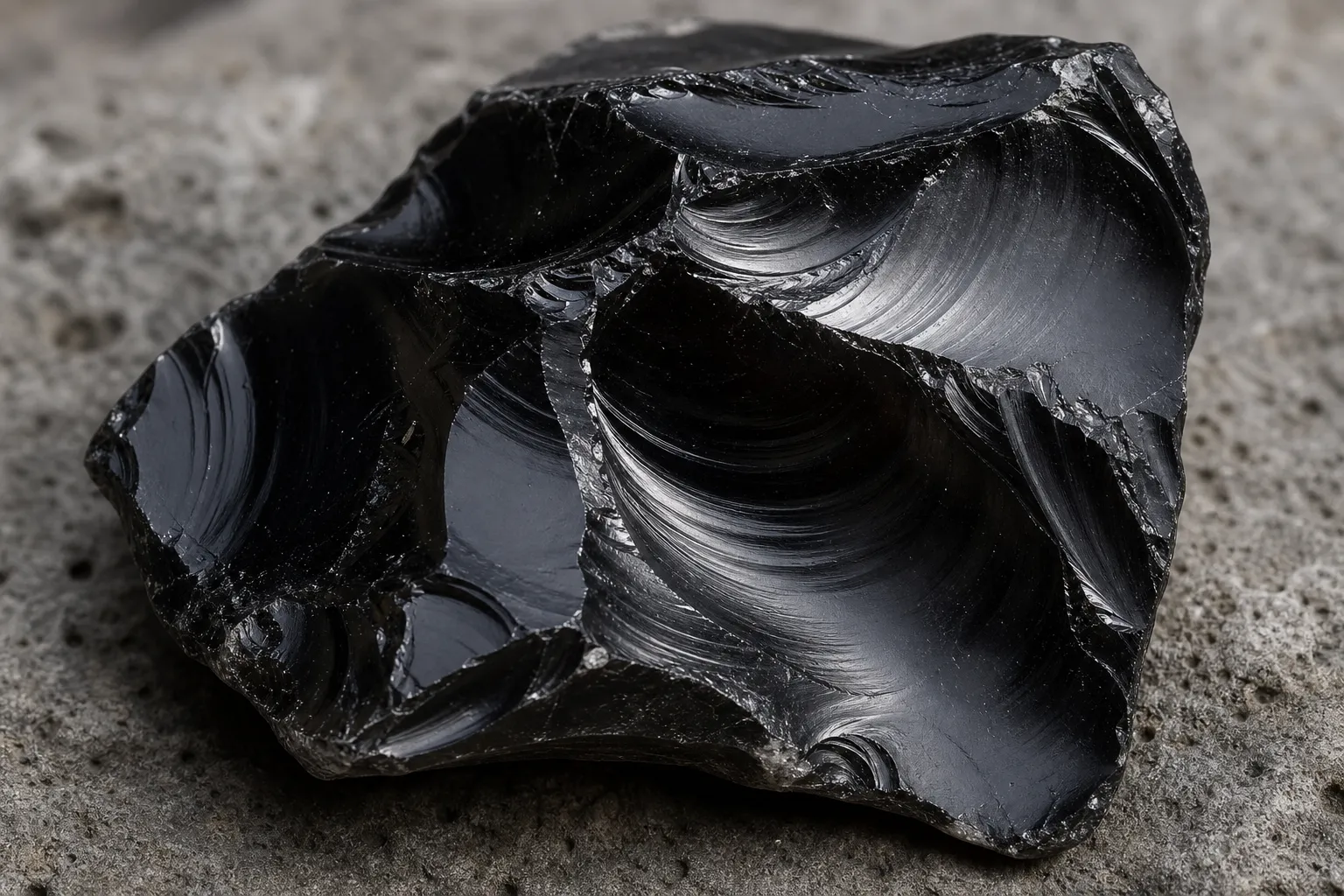 Fresh obsidian with glassy surface and curved fracture edges showing volcanic glass formation