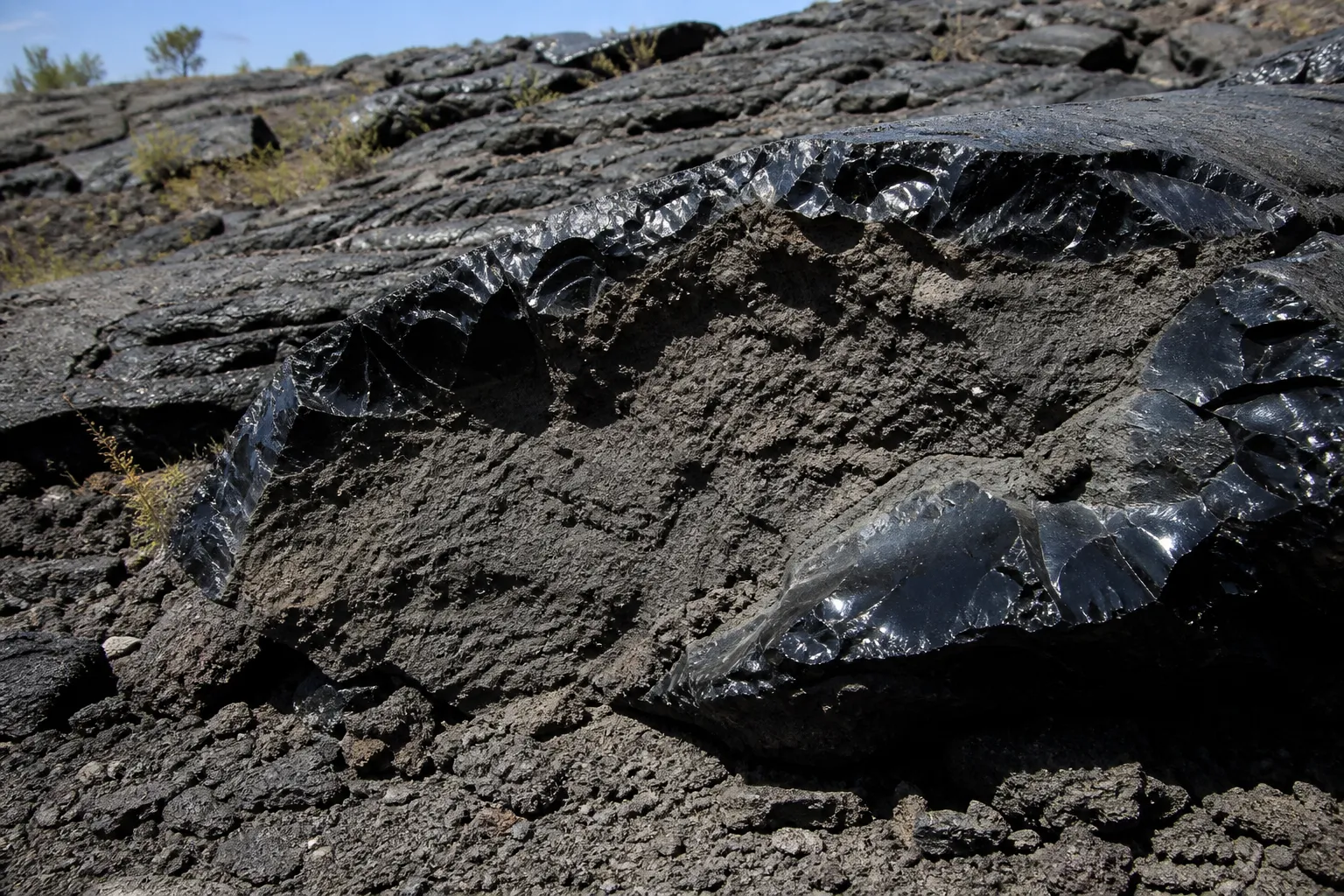 Glassy obsidian margin at the edge of a cooled volcanic flow