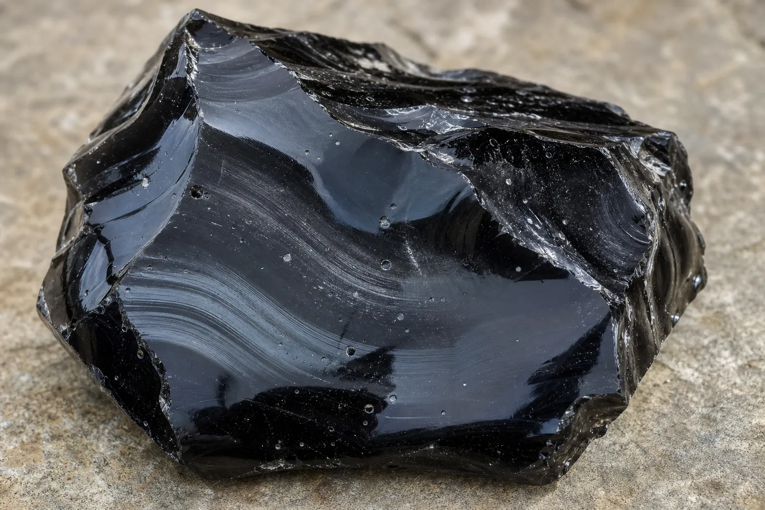 Obsidian specimen details showing glossy surface, curved fracture, bands, and small bubbles