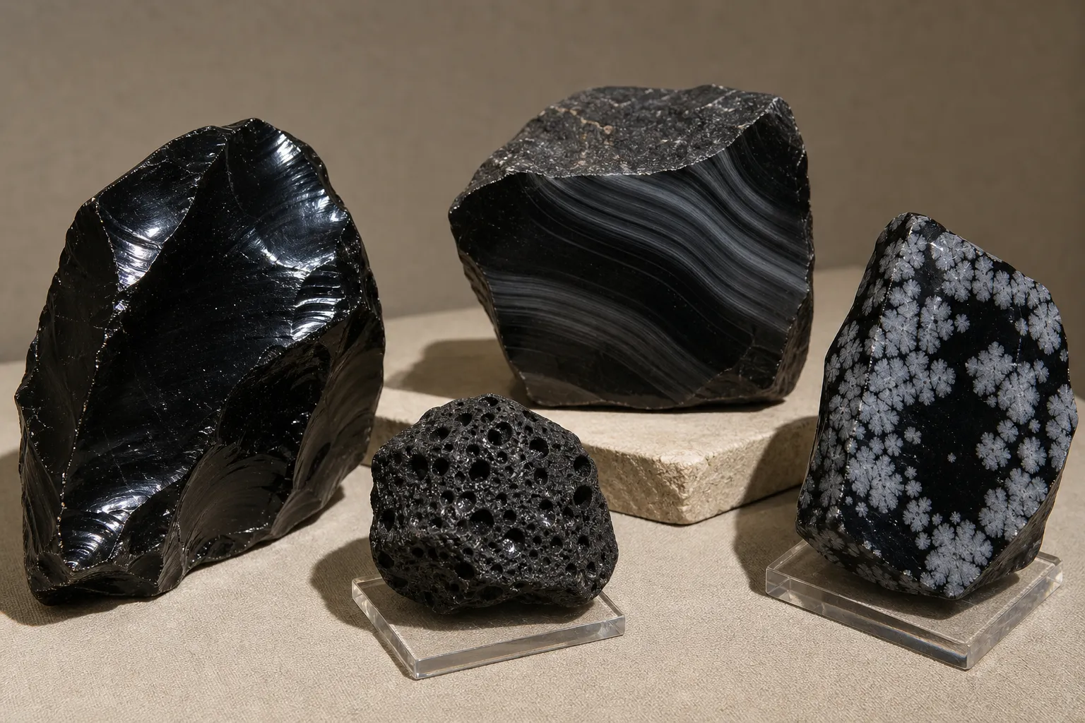 Obsidian specimens showing glassy luster, flow bands, bubbles, and snowflake-like patches