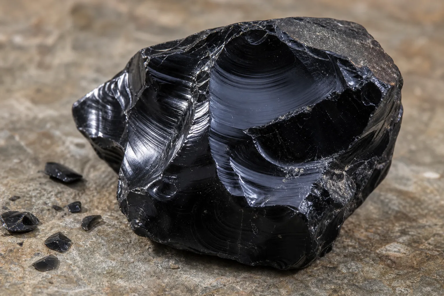 Glassy black obsidian with curved fracture surfaces showing volcanic glass texture