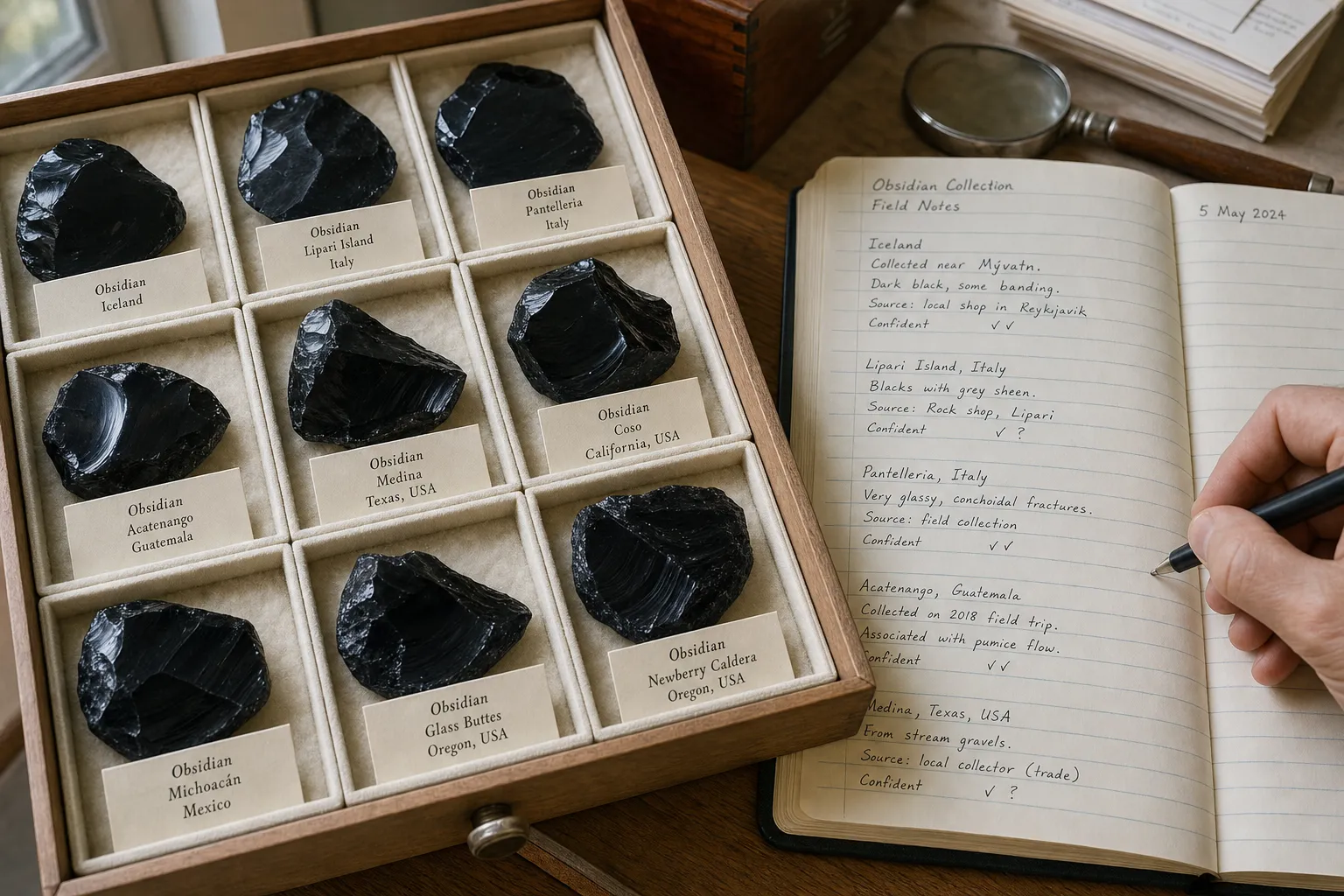 Obsidian specimens with readable locality labels and fuller record notes nearby