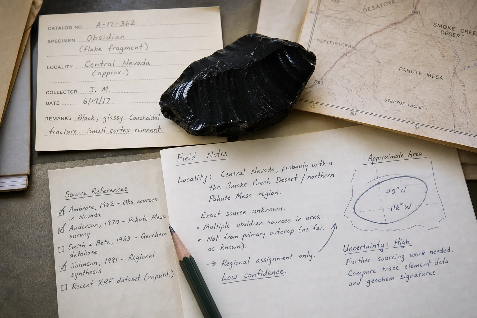 Obsidian locality record showing a broad label, source note, and coordinate uncertainty