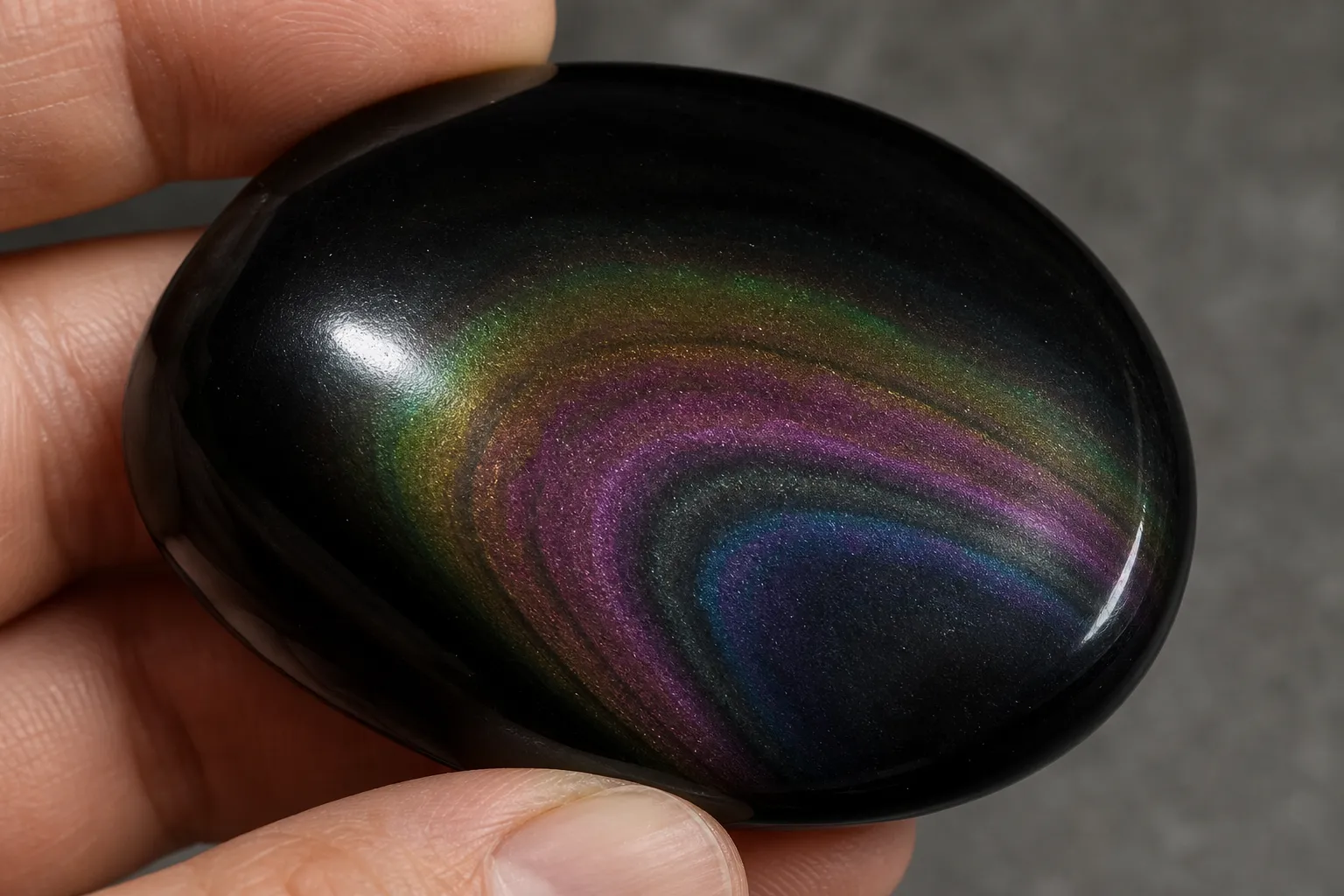 Polished rainbow obsidian tilted to show dark glass with narrow bands of green, gold, purple, and blue sheen