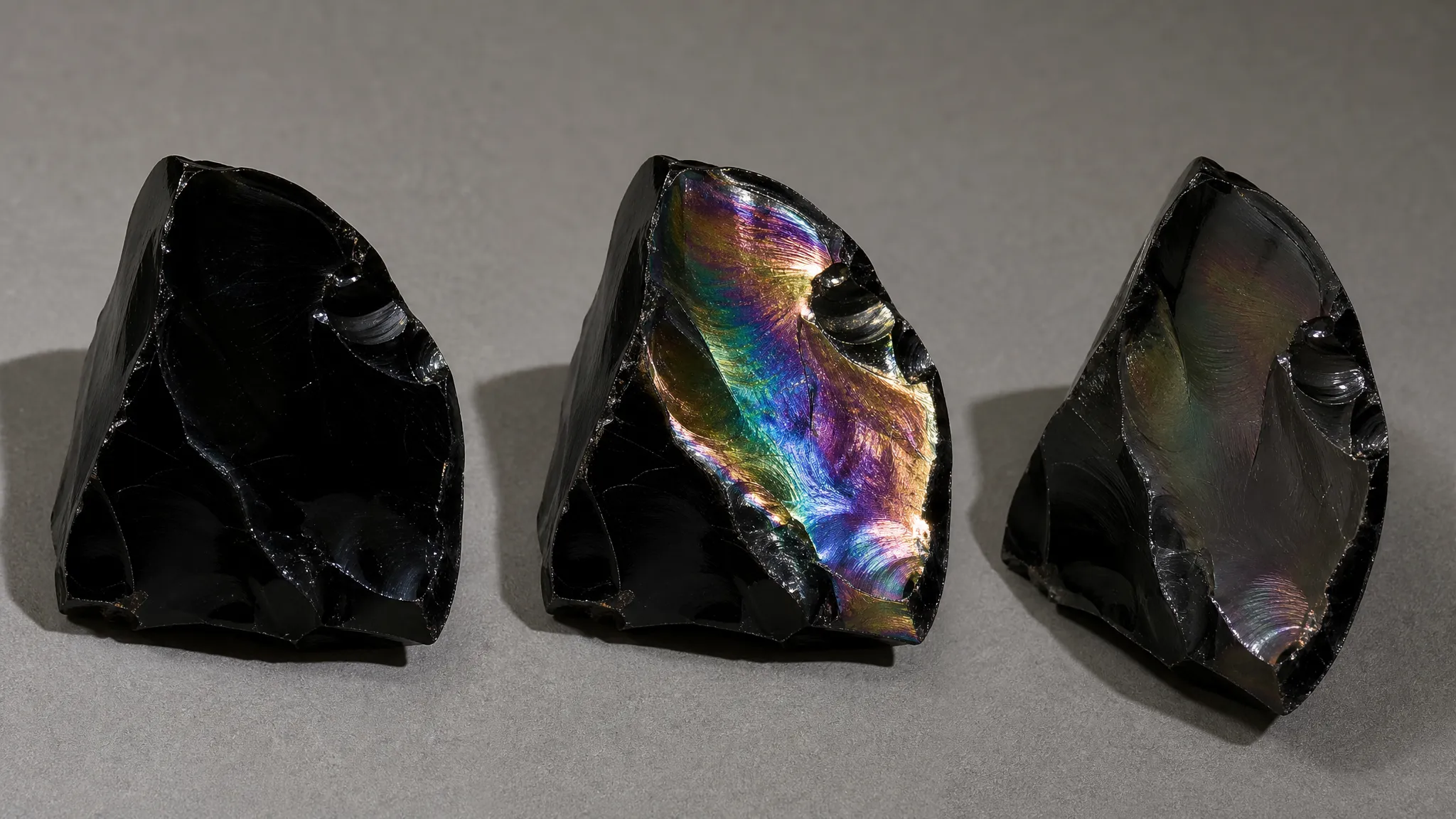 A polished obsidian piece shown at changing tilt angles where a colored sheen appears on one face and fades on another