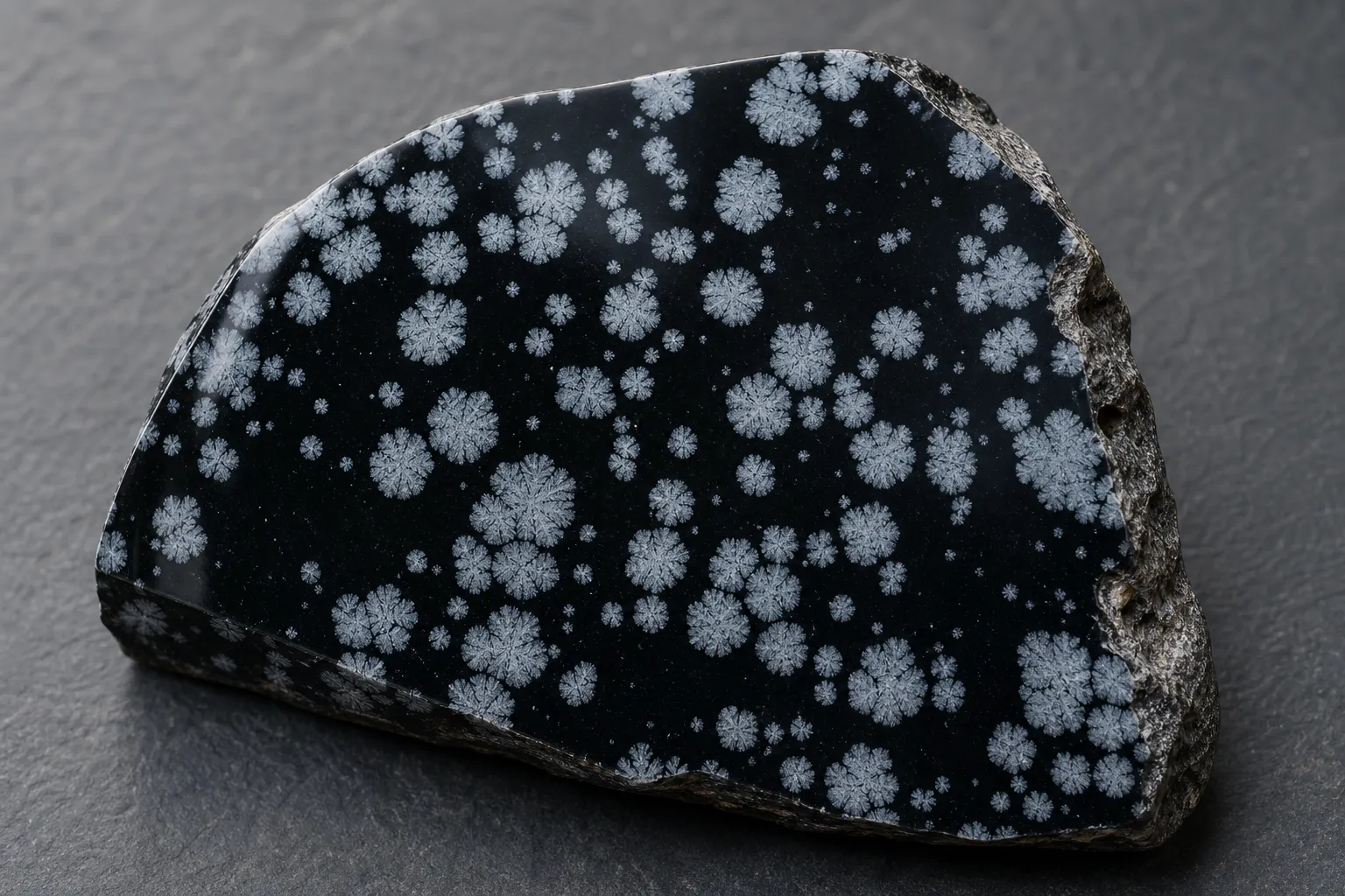 Snowflake obsidian showing pale crystalline patches inside a dark glassy matrix
