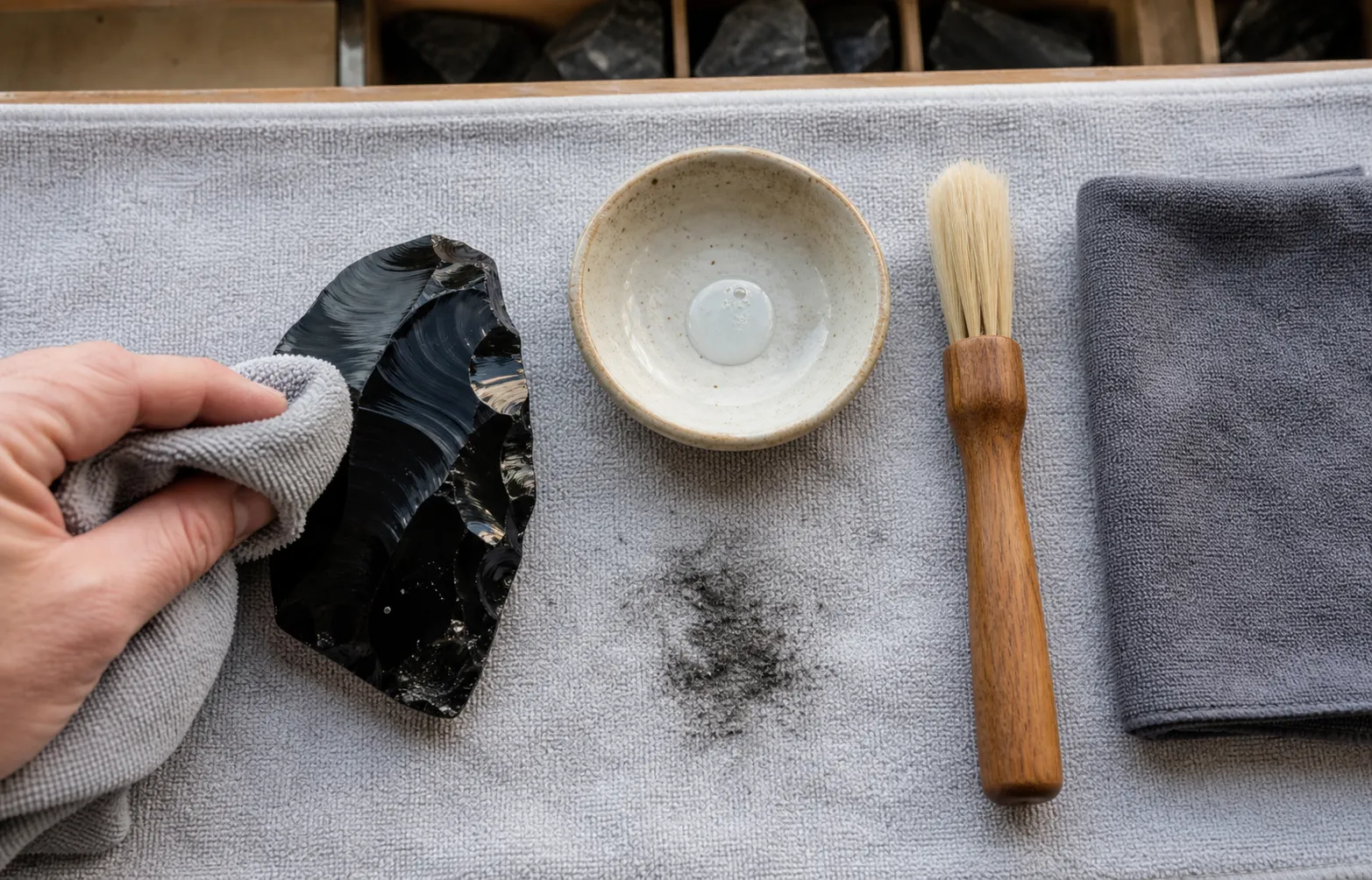 A gentle obsidian cleaning setup with a towel, damp microfiber cloth, mild soap, and soft brush