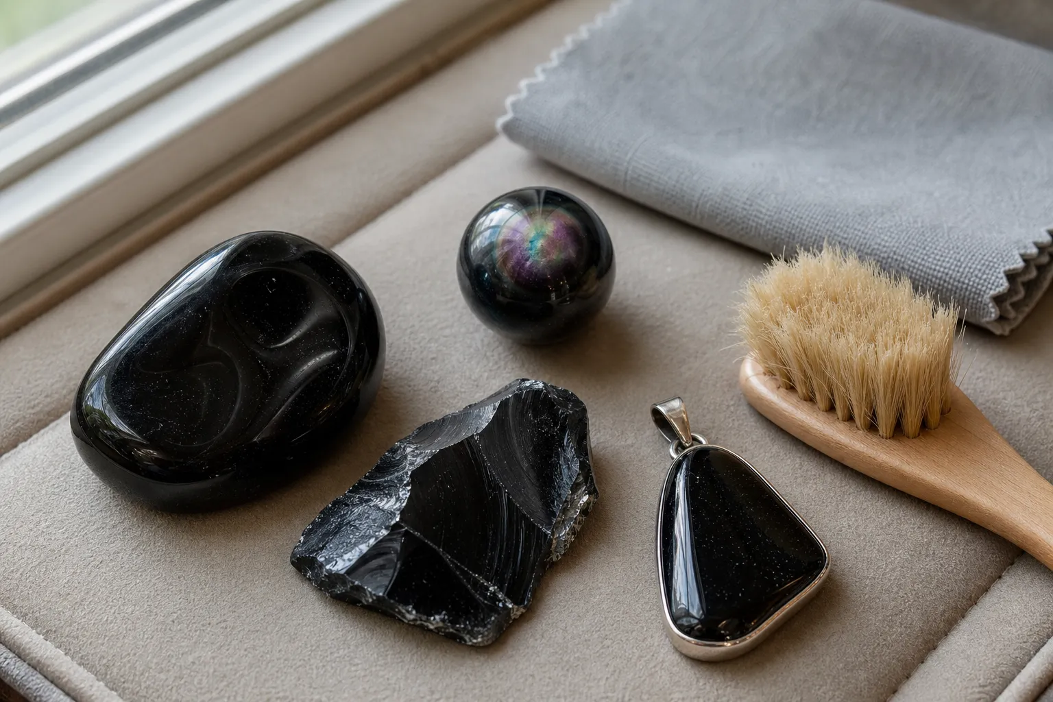Polished obsidian pieces beside a microfiber cloth and soft brush for gentle cleaning