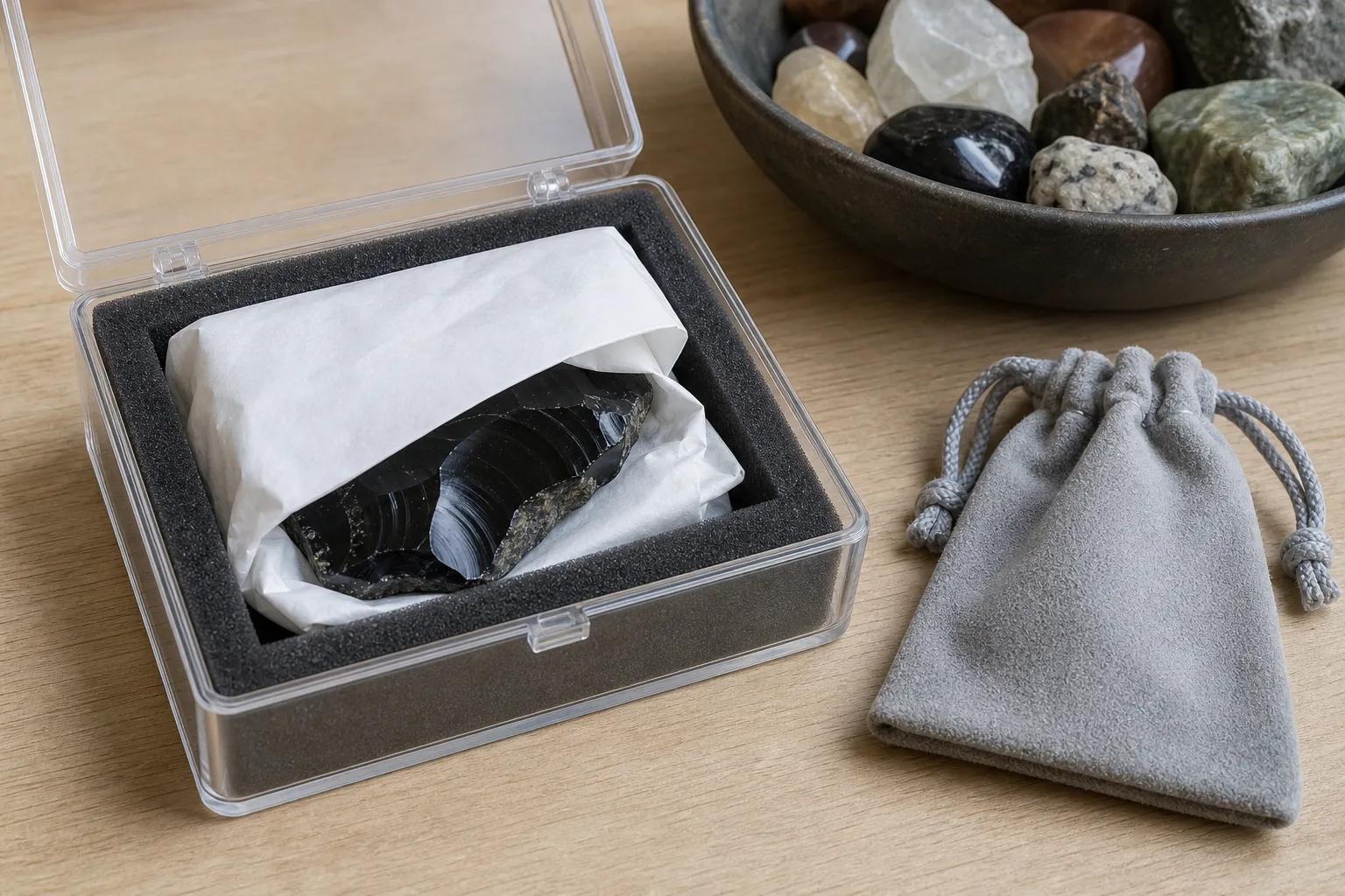 A chipped obsidian specimen wrapped and stored separately in a rigid container