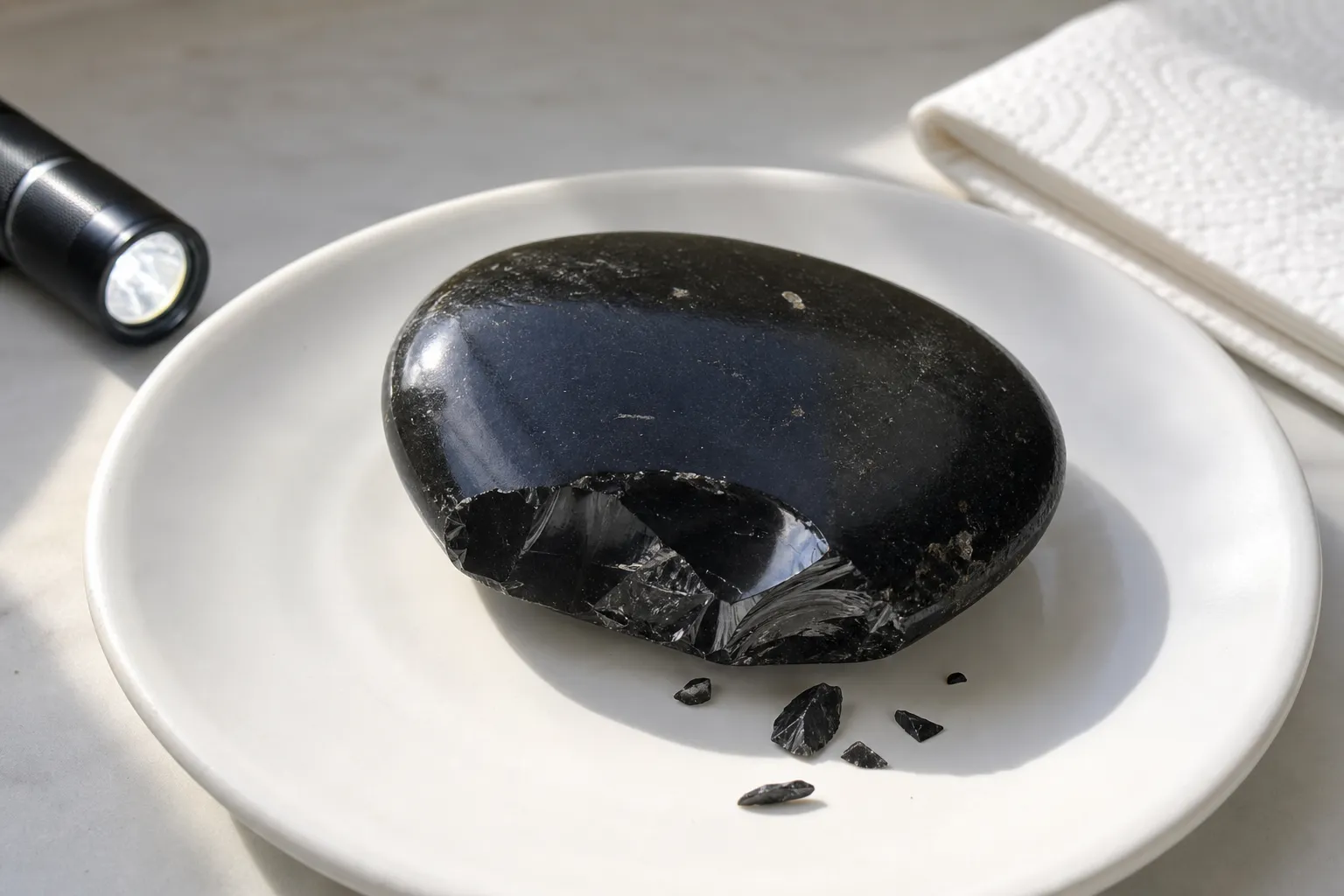 A chipped obsidian piece isolated on a clear surface for cautious inspection