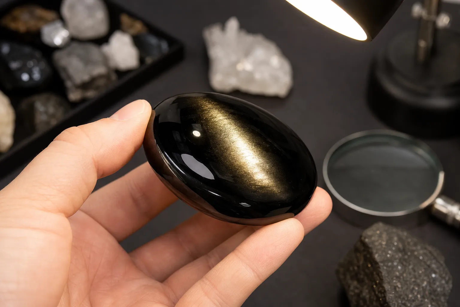 Polished obsidian showing an angle-dependent metallic sheen under steady light