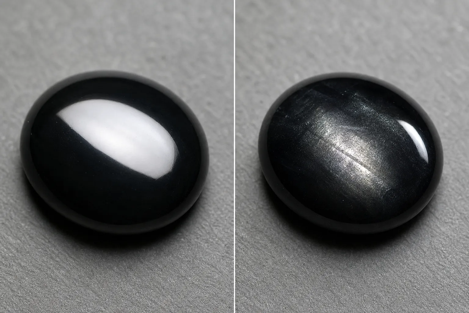 Polished obsidian viewed to compare surface gloss with an internal-looking sheen