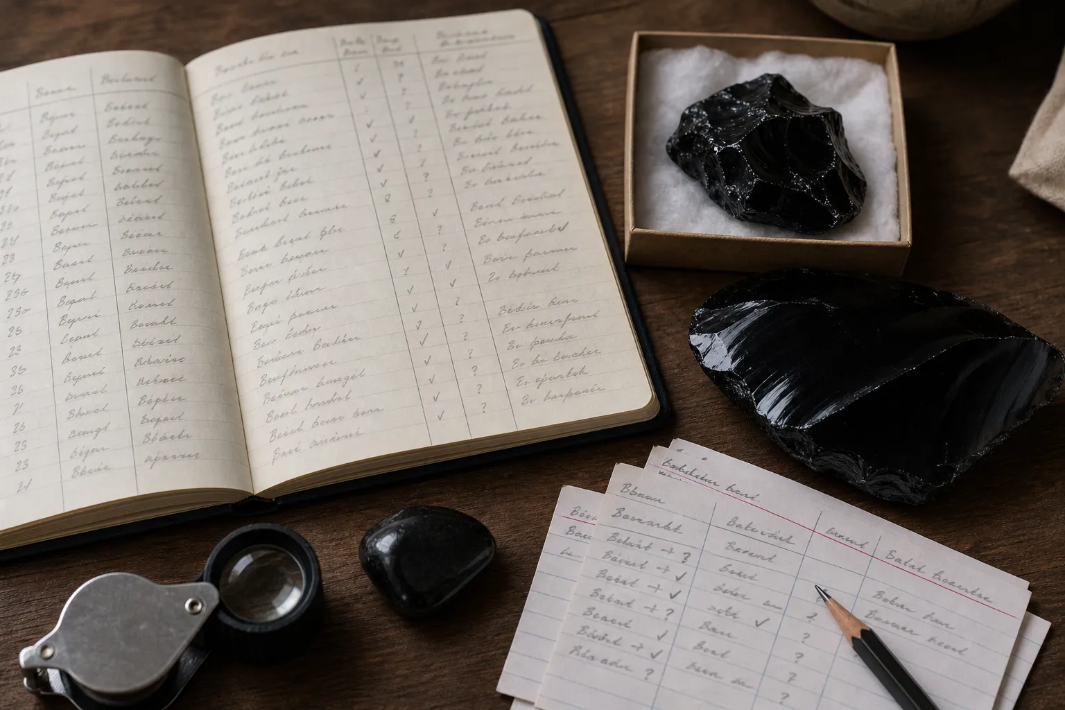 Obsidian specimens beside label notes separating seller names from visible descriptions and confidence levels