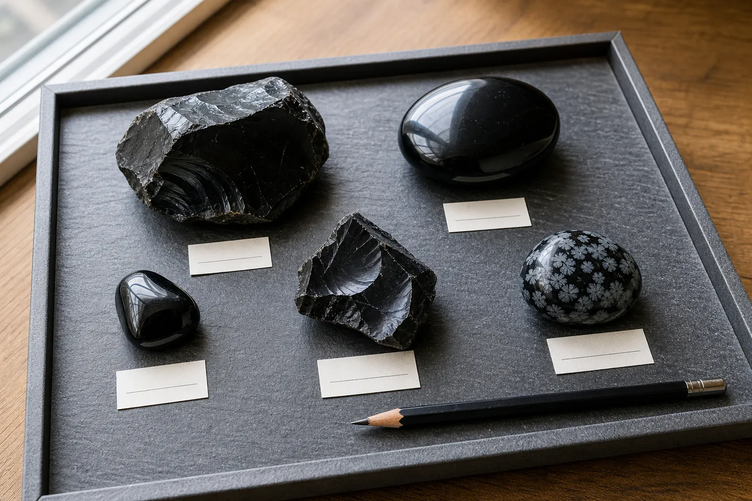 Small labeled obsidian starter collection with rough, polished, tumbled, and visibly different pieces arranged for comparison