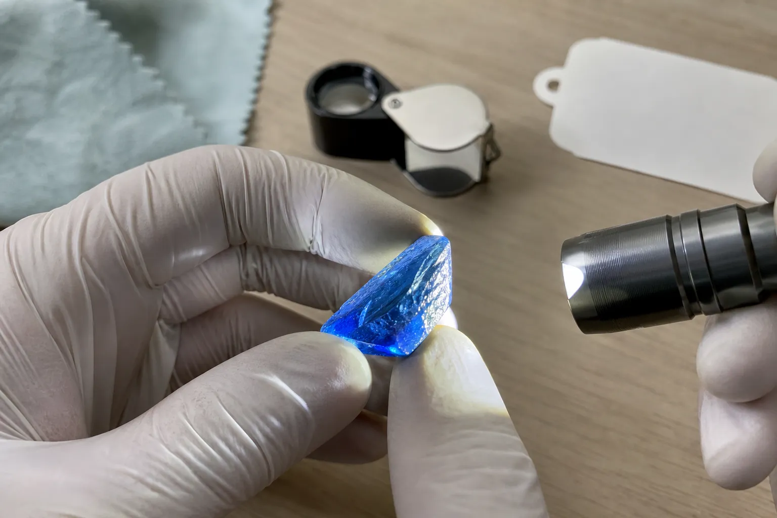 Collector inspection setup showing a blue-looking glassy piece rotated under neutral light with attention to edge color and surface sheen