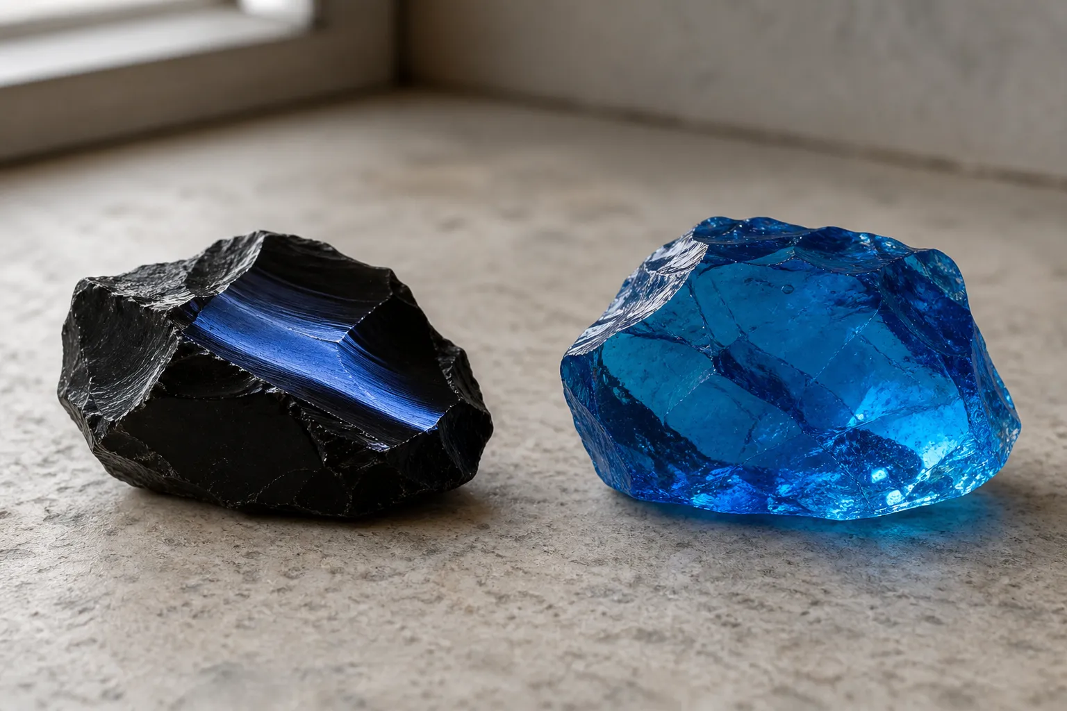 Dark obsidian with a bluish surface flash beside a vivid transparent blue glass piece for comparison