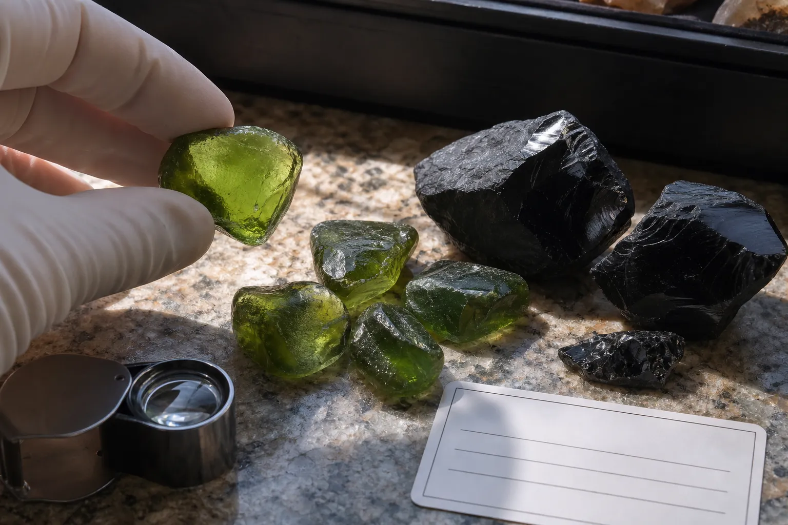 Green glassy stones being compared with darker obsidian pieces for evidence of natural origin